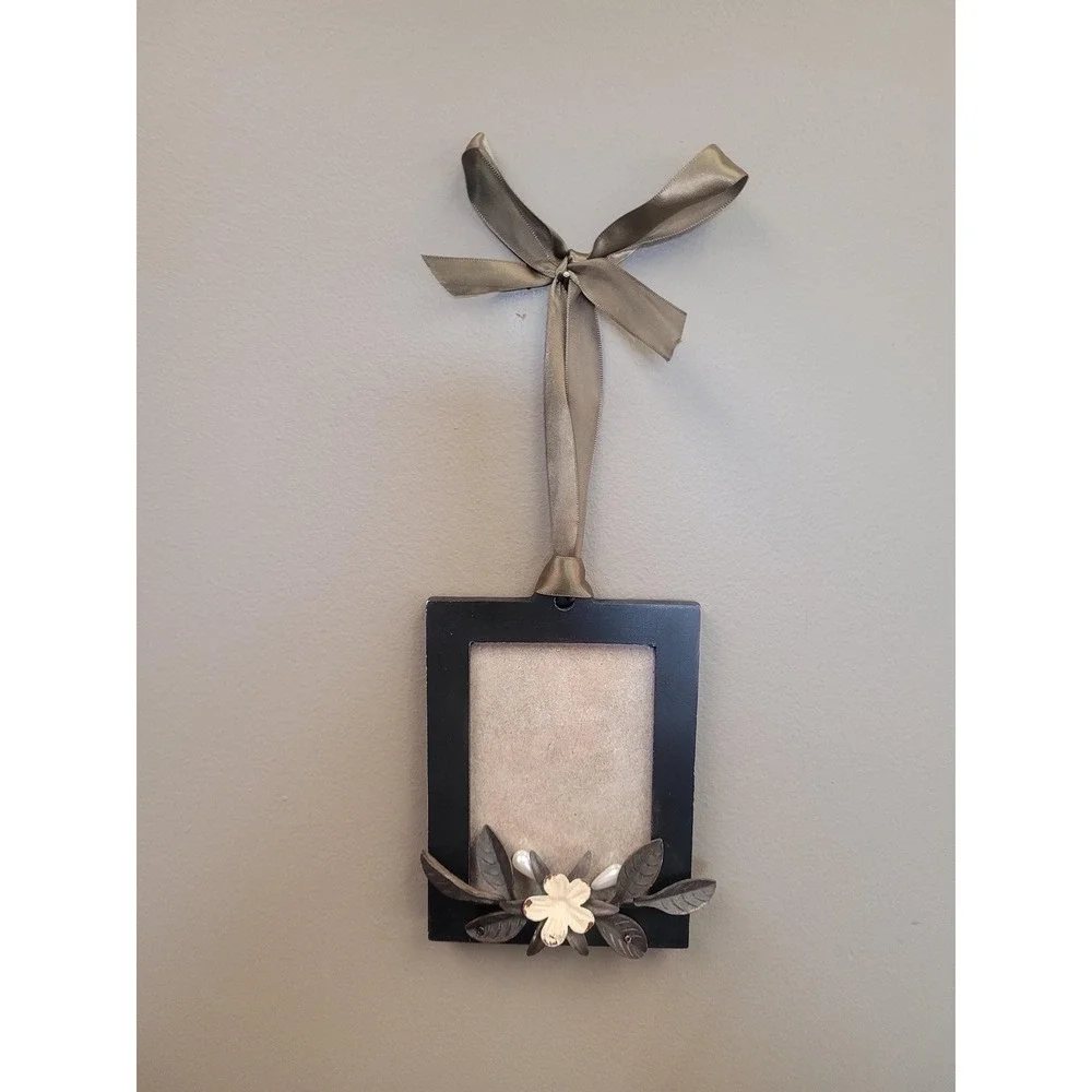 4x6 Hanging‎ Photo Frame w Ribbon Cottage Farmhouse Wall Décor Small Black Frame